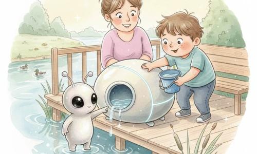 An 8-year-old boy with a round, freckled face and tousled brown hair, eyes wide with wonder and courage, leans forward holding a small blue plastic bucket of water toward a pebble-shaped craft at the riverbank as his ~35-year-old mother with a loose bun and a calm, protective smile crouches behind the wooden railing watching proudly; a small friendly alien named Loo-rah with a pearly gray rounded body, iridescent sheen, large shiny black eyes and thin animated antennae stands by the craft pointing to a circular port while the boy pours water into it and the alien claps its antennae; the pebble-ship, about the size of a small car, has a smooth surface with pale blue luminescent lines and an open round port with droplets sliding in, set on a light wooden boardwalk by a blue-green shimmering river with reeds and soft, warm pastel watercolor tones and subtle white highlights and sparkles around the alien.