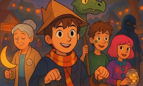 Milo, a determined 12-year-old with bright eyes, wearing a tilted cardboard hat, striped scarf and pirate-wizard costume, walks foreground holding a repaired fish-shaped lantern glowing warm orange; Mrs. Dalloway, about 70 with silver hair in a bun, a beige cardigan and volunteer badge, stands by a small wooden shed holding a moon-shaped lantern, tender and proud to Milo's left; Leo, also about 12 with messy hair and green paint flecks, lifts a repaired papier-mâché dragon head just behind Milo; Zinnia, a teen in a pink wig and modern clown outfit, smiles while holding a jar of tiny electric lights to the right; a masked teen in a patchwork cape and decorative beaked mask lingers in the background among the crowd, mysterious but kind; the setting is a carnival garden at dusk with paved paths, a large pond reflecting lanterns, string lights, colorful booths and old chestnuts hung with lanterns; main scene: a slow, joyful lantern parade at sunset with paper lanterns swinging, colorful reflections on the water and a warm, grateful community atmosphere.