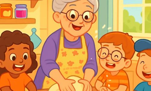 An elderly woman, Mrs. Patty, smiling and warm, with gray hair in a bun and a floral apron, is kneading bread dough in her sunny kitchen. Her eyes shine with joy and enthusiasm. Next to her, a group of four children, two girls and two boys aged 6 to 8, are kneading their own dough. The girls have curly hair and bright smiles, while the boys, one wearing glasses and the other a cap, are playfully splattering some flour. The kitchen is spacious and welcoming, with pastel yellow walls, shelves filled with colorful jars of jam, and a large window letting in sunlight, illuminating the wooden tables where baking ingredients rest. The scene shows Mrs. Patty teaching the children how to knead the dough, all laughing and sharing a moment of happiness, surrounded by the delicious smell of bread baking in the oven.