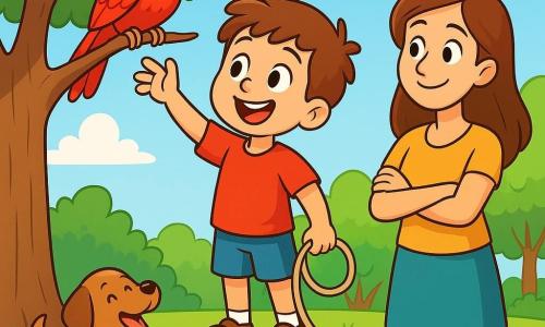 Um menino de 4 anos, Tomé, com cabelos castanhos bagunçados e olhos brilhantes de determinação, está em cima de uma caixa de madeira, com o rosto iluminado por um grande sorriso. Ele usa uma camiseta vermelha e um short azul, e estende a mão para um papagaio vermelho empoleirado em um galho alto de um grande carvalho. Perto dele, uma mãe, com cerca de 30 anos, cabelos longos castanhos e um sorriso gentil, observa seu filho com orgulho, de braços cruzados, em pé na grama verde. Um pequeno cachorro marrom, com orelhas caídas, late alegremente, trazendo vida à cena. O local é um parque ensolarado, cheio de grandes árvores com folhas verdes vibrantes, flores coloridas e um gramado bem cuidado. O céu é azul com algumas nuvens brancas fofas flutuando suavemente. A situação principal mostra Tomé, concentrado e entusiasmado, tentando libertar seu papagaio preso na árvore, usando uma corda e uma caixa para alcançar o galho, enquanto outras crianças e adultos ao seu redor observam com curiosidade e incentivo.