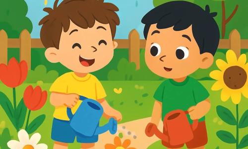 Hay 2 personajes principales: Lucas, un niño de 3 años con cabello castaño desordenado y ojos brillantes, lleva una camiseta amarilla y un short azul, sosteniendo una pequeña regadera azul y sonriendo mientras riega una flor; y Miguel, un niño de 3 años con cabello negro y ojos curiosos, lleva una camiseta verde y un short rojo, está al lado de Lucas, sosteniendo una regadera roja y observando las plantas con asombro. La escena se desarrolla en un jardín comunitario vibrante, lleno de flores coloridas como tulipanes rojos, margaritas blancas y girasoles amarillos que se mecen suavemente al sol, con filas de plantas bien cuidadas y un pequeño camino de grava que serpentea por el jardín. En el fondo se ve una cerca de madera y árboles verdes que brindan sombra. La situación principal muestra a Lucas y Miguel, alegres y concentrados, regando las flores con sus pequeñas regaderas, rodeados de hojas caídas y macetas, riendo juntos mientras aprenden a cuidar las plantas.