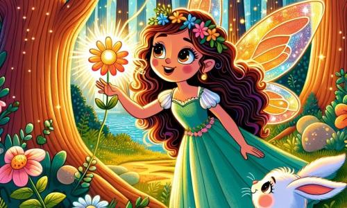 Zâna Luminii, o femeie cu aripi strălucitoare, se află într-o pădure magică, căutând floarea magică. În jurul ei, copacii au trunchiuri groase și flori colorate își deschid petalele. Un iepuraș alb, cu blană pufoasă, stă aproape de Zână, dorind să o ajute. Pădurea este plină de lumini jucăușe, iar un pârâu curge lin, aducând un sunet melodios. Zâna, curioasă, își întinde mâna spre o floare strălucitoare din iarbă, dorind să o atingă.