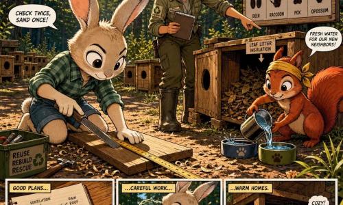Personagem principal: jovem coelho antropomórfico de orelhas grandes brancas com pontas cinza, pelo creme, olhos grandes e expressão doce e determinada, vestindo camisa xadrez verde e short jeans, ajoelhado medindo e lixando uma tábua com trena e lima, com lascas de madeira ao redor. Personagem secundário: jovem esquilo antropomórfico de pelagem ruiva brilhante, olhar malicioso e sorriso, com faixa amarela na cabeça, vertendo água em duas tigelinhas perto de um abrigo, à direita do coelho. Personagem secundário: bióloga adulta humana de botas de borracha marrons e jaqueta cáqui, cabelo preso em coque, rosto gentil e cansado, segurando um caderno e apontando para um abrigo, atrás das crianças supervisionando. Local: refúgio na borda da floresta com chão batido e tufos de grama, fileiras de abrigos de madeira reciclada, painéis com pegadas de animais, pinheiros altos ao fundo projetando sombras, luz morna do sol da tarde. Situação: construção de abrigos para pequenos animais após onda de calor — cena ativa e colaborativa com ferramentas, lascas, tigelas de água e folhas secas para isolamento.
