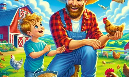 A smiling and warm man, Farmer Bill, with a brown beard and tousled hair, wears a red plaid shirt and denim pants. He is feeding chickens, slightly bending over with a bucket of grain in hand, his eyes sparkling with joy. Next to him is a ten-year-old boy named Max, wearing a wide straw hat and a blue t-shirt, watching the chickens peck with a big smile on his face. The scene takes place on a picturesque farm, with a large red barn in the background, surrounded by green fields and colorful flowers. The sky is clear with a few white clouds, and the sun shines, illuminating the landscape. The main situation shows Farmer Bill and Max sharing a joyful moment, filled with laughter and learning as they feed the chickens together, creating an atmosphere of camaraderie and discovery on the farm.