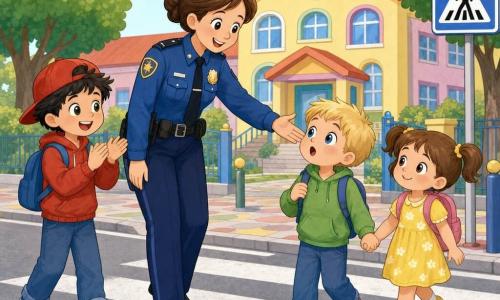 A smiling female police officer, about 30 with a round face and bright eyes, brown hair in a bun and a clean blue uniform with a shiny badge, reaches out to greet children while helping them cross a crosswalk safely; to her right a 5-year-old boy (Timmy) with short blond hair holds the hand of a 4-year-old girl (Mia) with brown pigtails and a yellow dress, and to her left a 6-year-old boy (Sam) with black hair and a red cap applauds; the scene is in front of a small colorful school with a patterned sidewalk, school signs and round-leaved trees, soft pastel colors and gentle morning light, in a simple cartoon style with clean outlines, smooth textures and friendly expressions.