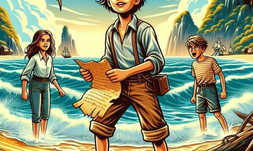 Em primeiro plano, um jovem chamado Lucas, com cerca de 12 anos, está em uma praia dourada, com os cabelos castanhos bagunçados pelo vento. Seu rosto expressa grande empolgação e um toque de determinação, enquanto segura um velho pergaminho, olhando para o horizonte. Ao seu lado, sua melhor amiga Sofia, uma menina de 11 anos com cabelos longos e loiros, usa uma camisa listrada e um short de tecido. Ela está inclinada sobre o pergaminho, com as sobrancelhas franzidas, tentando decifrar um antigo símbolo gravado em uma pedra. Um pouco atrás, Pedro, um garoto de 12 anos, robusto e sorridente, observa o mar com um ar desafiador, pronto para se lançar na aventura. O cenário é uma praia ensolarada, cercada por palmeiras verdes e rochas íngremes, com ondas quebrando suavemente na areia. Ao longe, vêem-se ilhas misteriosas, envoltas em névoa, prometendo tesouros escondidos. A cena principal mostra Lucas, Sofia e Pedro reunidos em torno do velho pergaminho, descobrindo o início de sua busca pelos Ilhotes do Destino, com expressões de curiosidade e empolgação, prontos para embarcar em uma grande aventura.