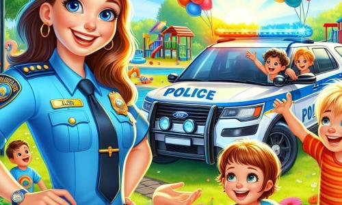 Polițista Maria, o femeie zâmbitoare de aproximativ 30 de ani, poartă un uniformă albastră strălucitoare cu un insignă lucioasă. Părul ei brun este prins într-o coadă de cal, iar fața ei radiază de bucurie în timp ce îi întâmpină pe copii cu entuziasm. Lângă ea, un băiat de 8 ani, cu părul blond și ochii strălucitori, pe nume Lucas, poartă un tricou roșu și o pereche de pantaloni scurți albaștri, râzând în timp ce imită sunetul sirenei mașinii de poliție. Un alt copil, o fetiță de 7 ani numită Emma, cu părul creț și o rochie galbenă, observă cu uimire mașina de poliție, având ochii mari de curiozitate. Scena are loc într-un parc însorit, plin de flori colorate și copaci verzi. În fundal, o mare machetă de mașină de poliție strălucește sub soare, înconjurată de baloane colorate care plutesc în aer. Maria le explică copiilor regulile de siguranță în timp ce se joacă cu ei într-un joc amuzant. Râsetele și strigătele de bucurie umplu aerul, creând o atmosferă de sărbătoare și învățare.