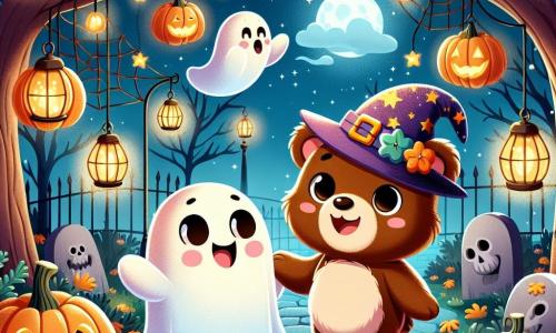 Ilustración que representa a un oso pardo de ojos brillantes, con un pelaje suave y un pequeño sombrero de mago colorido. Expresa curiosidad y emoción, mirando a su alrededor con una gran sonrisa. A su lado, un pequeño fantasma amigable flota en el aire, con una cara sonriente, grandes ojos redondos y una forma ligera y translúcida. Muestra una actitud alegre, gesticulando con entusiasmo para invitar al oso a seguirlo. La escena se desarrolla en un jardín encantado decorado para Halloween, lleno de linternas en forma de calabaza, telarañas brillantes y esqueletos danzantes. Los árboles están adornados con hojas doradas, y una suave luz de luna ilumina el paisaje. La situación principal muestra al oso y al fantasma explorando juntos el jardín, descubriendo sorpresas divertidas y compartiendo risas, simbolizando la amistad y la aventura. Elementos adicionales incluyen estrellas brillantes en el cielo nocturno, sombras misteriosas proyectadas por las decoraciones y un ambiente festivo lleno de magia y alegría.