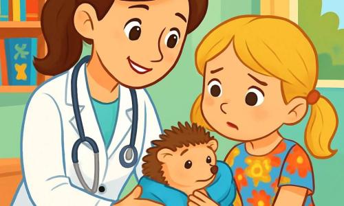 O veterinară zâmbitoare, Dora, o femeie de aproximativ treizeci de ani cu părul brun prins într-o coadă de cal, poartă un halat alb și un stetoscop la gât. Are ochi strălucitori de bunătate și o expresie blândă, în timp ce observă cu atenție un mic arici înfășurat într-un prosop pufos, având un aer liniștitor și iubitor. Lângă ea, Lizuca, o fetiță de 7 ani cu două codițe blonde, ține delicat ariciul, având o expresie de neliniște amestecată cu curiozitate. Poartă o rochie cu flori colorate și se apleacă spre Dora, căutând sfaturi. Cabinetul veterinar este luminos și primitor, cu pereți vopsiți în verde pastel, rafturi pline de cărți despre animale și jucării împrăștiate pe podea. O fereastră lasă să pătrundă lumina soarelui, iluminând camera într-un mod cald. Dora examinează ariciul cu atenție, vorbindu-i blând pentru a-l liniști, în timp ce Lizuca, cu ochii strălucind de speranță, ascultă fiecare cuvânt al veterinarului, nerăbdătoare să afle cum să-și ajute micuțul companion.
