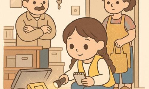 Ein 12-jähriges Mädchen, begeistert und konzentriert, mit braunen Zöpfen, großem neugierigem Blick, trägt eine gelbe Weste, Jeans und Turnschuhe, hält ein Notizbuch und eine Taschenlampe und beugt sich über eine offene graue Kiste mit einem Buch aus dem Fundbüro; hinter ihr steht ein etwa 40-jähriger Hausmeister mit Schnurrbart, blauer Schirmmütze und beiger Arbeitsjacke, die Arme verschränkt, amüsiert und aufmerksam, und an der Tür der kleinen überfüllten Loge steht eine etwa 30-jährige Theaterleiterin mit zusammengebundenen lockigen Haaren, buntem T‑Shirt und glitzernder Schürze, hält einen Sack mit goldenem Stoff und wirkt etwas verlegen; die Loge enthält einen verkratzten Holztisch, beschriftete Plastikboxen, einen Wandkalender, einen Schlüssel am Schlüsselring, zerknittertes Papier und ein glitzerndes goldenes Band auf dem Boden; warme Lampenbeleuchtung mit sichtbaren Staubstrahlen schafft Atmosphäre einer freundlichen, fröhlichen kleinen Untersuchung; grafischer Stil: runde einfache Formen, klare Konturen, lebhafte Pastellfarben und leichte Papier‑ und Holztexturen, Komposition auf das Mädchen und die offene Kiste zentriert.
