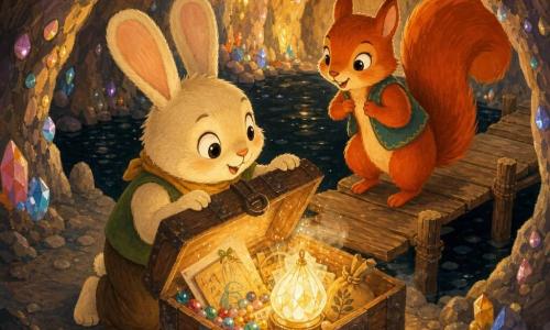 Hoppel, ein kleiner weiß-beiger Hase mit weichem Fell und großen runden Ohren, kniet vor einer alten eisernen Holztruhe und öffnet sie, während Finja, ein roter Eichhörnchen mit buschigem Schwanz, auf dem schmalen Plankensteg dahinter steht; in der Truhe sind bunte Perlen, Zeichnungen, ein Säckchen Samen und eine Kristalllampe, die beim Öffnen warm zu leuchten beginnt und mit einem warmen Luftstoß entweicht, sodass die beiden Freunde überrascht und glücklich einander ansehen, während das Licht die Tropfen an den kristallbesetzten Wänden einer runden, intim wirkenden Höhle über einem tintenschwarzen See färbt.