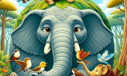 Un elefant pe nume Edi, mare și măreț, cu urechi în formă de frunze mari și o piele moale de culoare gri, stă în centrul scenei, afișând un zâmbet larg de determinare. El protejează un grup de păsări mici și colorate care se adăpostesc sub corpul său, cu ochii strălucind de speranță. La dreapta sa, un maimuțoi jucăuș pe nume Miki, cu blană brună și ochi șireți, se cațără pe o ramură, întinzând o labă pentru a încuraja păsările să se apropie. La stânga, Leo, un leu cu blană aurie, stă mândru, pregătit să-și apere prietenii, în timp ce Sara, o broască țestoasă cu o carapace verde decorată, se mișcă încet aducând apă într-o frunză mare. Scena se desfășoară într-o pădure luxuriantă, unde copaci măreți cu frunze aurii se înalță în jurul lor, în timp ce un cer albastru deschis se acoperă lent cu nori întunecați, anunțând o furtună. Atmosfera este atât tensionată, cât și plină de speranță, în timp ce Edi și prietenii săi își unesc forțele pentru a proteja păsările de furtuna iminentă.