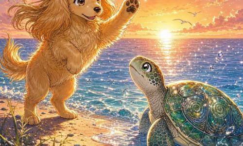 Un perro de pelaje dorado brillante, orejas largas y ojos redondos y luminosos, con expresión alegre y algo melancólica, se sostiene en dos patas y levanta una pata como saludando, pelo al viento; una tortuga marina verde y nacarada, con caparazón de motivos en espiral, parece agradecida y serena, medio en el agua y mirando al perro lista para sumergirse; la orilla es una playa de arena fina crema con hierbas saladas y pequeñas piedras pulidas, olas azul translúcidas con reflejos plateados bajo un cielo pastel al atardecer; la escena muestra un tierno adiós entre amigos, gotas brillantes, unas gaviotas al fondo y rayos anaranjados acariciando sus siluetas; estilo manga: trazos nítidos, expresiones exageradas y ojos grandes, colores vivos y contrastados, texturas detalladas en el pelaje, el caparazón y los reflejos del agua.