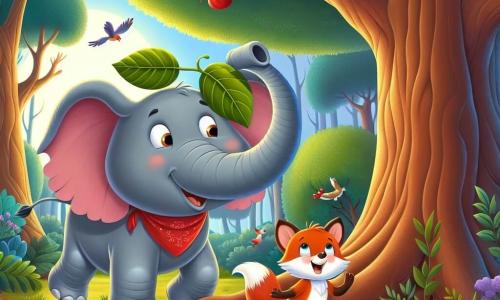 Un elefant vesel, pe nume Emil, se află în centrul imaginii, cu urechi mari în formă de frunze și o trompă lungă și expresivă, afișând un zâmbet larg. El caută sub un copac mare, cu ochii strălucind de excitație și determinare. Lângă el, o vulpe mică, pe nume Vera, cu blană strălucitoare și ochi sclipitori, sare de bucurie văzând ceva roșu sub rădăcinile copacului. Ea este plină de speranță și stă puțin retrasă, așteptând cu nerăbdare să descopere ce este. Decorul este o pădure fermecată, cu copaci majestuoși, flori colorate pe sol și un rază de soare blândă care filtrează printre frunze. Păsările cântă în crengi, adăugând o notă de magie atmosferei. Situația principală îi arată pe Emil și Vera în căutarea mingii roșii pierdute, înconjurați de frumusețea naturii, ilustrează spiritul de aventură și prietenie care îi unește.