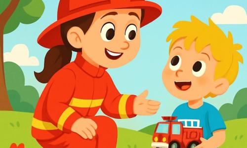 A smiling female firefighter with brown hair in a ponytail wears a shiny red suit and a sparkling firefighter helmet. She is crouching down, kindly looking at a wide-eyed little boy, about 6 years old, with messy blonde hair and a blue t-shirt. He holds a small plastic fire truck in his hands and looks amazed. The scene takes place in a green park with leafy trees and colorful flowers swaying in the breeze. In the distance, there is a light blue sky dotted with fluffy white clouds. The firefighter enthusiastically explains her job to Max, the little boy, who listens attentively with shining eyes full of admiration.