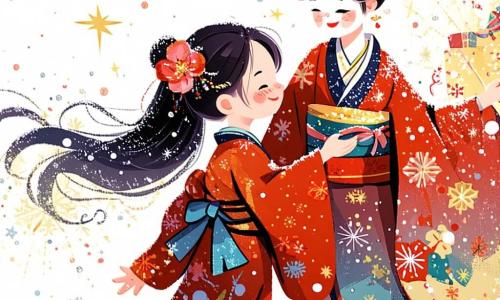 În centrul imaginii, Akiko, o tânără de aproximativ 12 ani, cu părul lung și negru, poartă un kimono tradițional cu motive florale colorate. Fața ei exprimă bucurie și uimire în timp ce aruncă fulgi de zăpadă în aer, care strălucesc ca stelele. Lângă ea, Yuki, un spirit al iernii, apare sub forma unei femei elegante de aproximativ 30 de ani, cu părul alb ca zăpada și o rochie strălucitoare. Ea zâmbește călduros, observând-o pe Akiko cu mândrie, în timp ce ridică o mână pentru a face fulgii să danseze în jurul lor. Decorul se află într-un peisaj de iarnă fermecător, cu copaci acoperiți de zăpadă strălucitoare și un cer albastru deschis. Situația principală arată cum Akiko și Yuki sărbătoresc frumusețea iernii, Akiko aruncând fulgi de zăpadă în aer, iar Yuki, cu un zâmbet binevoitor, îi observă, creând o atmosferă de bucurie și magie.