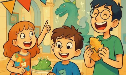Ci sono 3 personaggi: - Mattia: un ragazzo di 12 anni, con capelli castani disordinati e occhi brillanti. Indossa una maglietta blu con un dinosauro e pantaloni corti di jeans. Si trova al centro, tenendo una piccola bussola dorata, con un sorriso meravigliato sul volto. - Sofia: una ragazza di 12 anni, con capelli rossi ondulati e lentiggini. Indossa un vestito a fiori colorati e sandali. Si trova a sinistra di Mattia, mentre punta verso una grande bandiera colorata che sventola sopra di loro, con un'aria gioiosa. - Riccardo: un ragazzo di 12 anni, alto e magro, con capelli neri disordinati e occhiali. Indossa una maglietta verde e pantaloni corti rossi. È a destra di Mattia, ridendo e tenendo un grosso panino a forma di dinosauro, pronto a mangiarlo. Il luogo è il Museo delle Meraviglie, una grande sala luminosa piena di decorazioni colorate, dinosauri di cartapesta appesi al soffitto e muri coperti di quadri strani. Sullo sfondo, una enorme fontana a forma di drago spruzza acqua scintillante, mentre luci brillanti illuminano l'intera stanza. La situazione principale mostra i tre amici che festeggiano il compleanno di Mattia, circondati da decorazioni festive, con una grande torta di compleanno a forma di dinosauro su un tavolo, mentre ridono e si divertono insieme, creando un'atmosfera di gioia e avventura.