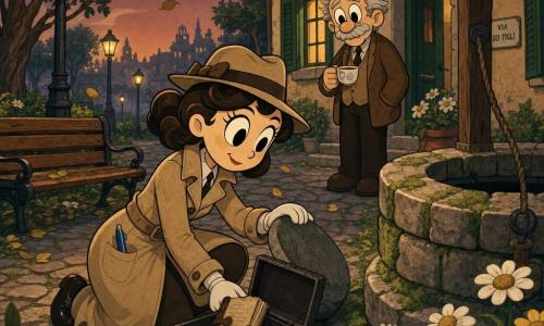 Detective donna Livia, sguardo curioso e sereno, leggero sorriso, cappotto beige, taccuino in mano, inginocchiata a sollevare una pietra liscia vicino a un vecchio pozzo; uomo di circa 70 anni, Marco, volto rugoso ma dolce, capelli grigi spettinati, in piedi vicino a una casa con persiane verdi, con una tazza di tè, guarda Livia commosso; parco al crepuscolo con vialetti lastricati, margherite bianche e gialle, pozzo di pietra muschioso, panchina usurata e lampioni dalla luce calda; scena principale: Livia trova sotto la pietra una piccola scatola di latta contenente un diario ingiallito e un medaglione a forma di stella; atmosfera calda e misteriosa, stile cartoon retrò con tratti morbidi.
