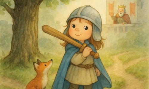 La cavalleressa Livia, giovane, in piedi al centro con sguardo deciso, elmo leggero e mantello blu svolazzante, tiene una spada di legno appoggiata sulla spalla; un piccolo volpacchiotto rosso è seduto ai suoi piedi, curioso; sullo sfondo, su un balcone del castello, il re sessantenne la osserva benevolo con stendardi rossi; la scena si svolge in una radura con tre sentieri sotto la grande Quercia dei Tre Sentieri, corteccia ruvida e rami larghi, una foglia d'oro mancante brilla sul terreno; Livia esita ai piedi dei cammini fangosi, luce del tardo pomeriggio e lieve foschia creano un'atmosfera d'avventura tenera.