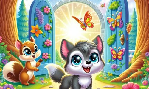 Un pequeño lobo llamado Lucho, con pelaje gris y ojos llenos de curiosidad, está en el centro de la imagen, sonriendo con entusiasmo al descubrir una puerta mágica cubierta de flores coloridas y hojas. A su derecha, una pequeña ardilla llamada Tita, con pelaje marrón y grandes ojos brillantes, observa con preocupación, lista para ayudar. A la izquierda, una mariposa de alas multicolores, flotando alegremente, expresa su gratitud con una sonrisa radiante. El lugar es un hermoso bosque encantado, donde árboles majestuosos se elevan hacia el cielo, sus hojas brillando bajo un suave sol, mientras flores de colores vivos cubren el suelo. La escena principal muestra a Lucho, Tita y Mariposa preparándose para entrar en la puerta mágica, rodeados de una luz deslumbrante que emana de la apertura, simbolizando la aventura y la magia que les espera.