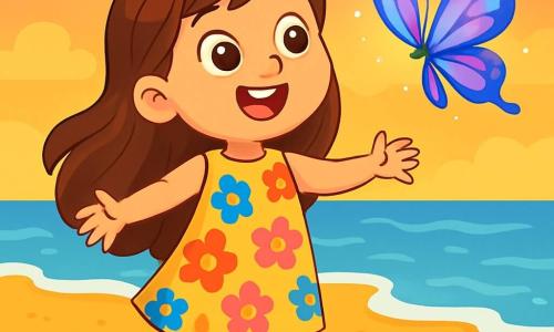 A 6-year-old girl with long brown hair and sparkling curious eyes stands on a golden sandy beach. She wears a light dress with colorful floral patterns and has a big smile, showing her wonder. Next to her, a beautiful luminous butterfly with shimmering wings dances in the air, its vibrant colors ranging from blue to purple, creating a magical atmosphere. The setting is a tranquil beach bathed in the soft light of sunset, where the sky is tinted with shades of pink and orange. The waves gently murmur in the background, and colorful seashells are scattered on the sand. The little girl follows the butterfly with her arms open, breathing deeply and letting herself be carried away by the magic of the moment, ready to discover a world of dreams and serenity.