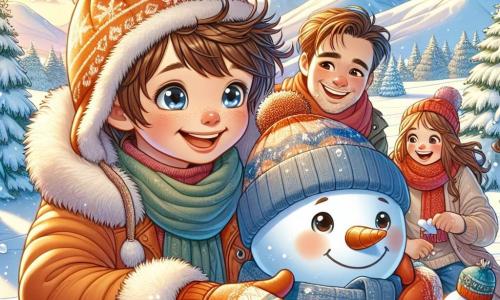 Un ragazzo di 7 anni, Matteo, con capelli castani arruffati, indossa un grande giubbotto arancione, un berretto di lana e guanti colorati. Ha un grande sorriso sul viso e gli occhi brillanti di eccitazione mentre costruisce un pupazzo di neve nella neve scintillante. Accanto a lui, suo padre, un uomo sulla trentina con una leggera barba e un berretto blu, lo aiuta a modellare il corpo del pupazzo di neve, ridendo gioiosamente. La madre di Matteo, una donna sulla trentina con capelli lunghi e una sciarpa rossa, li osserva con un sorriso affettuoso, tenendo una tazza di cioccolata calda tra le mani. Lo sfondo è una magnifica montagna innevata, con abeti coperti di neve, un cielo blu chiaro e fiocchi di neve che cadono dolcemente. La scena è piena di magia invernale, con colline bianche a perdita d'occhio e il sole che brilla, creando riflessi scintillanti sulla neve. Matteo, suo padre e sua madre sono tutti insieme, condividendo un momento di felicità e complicità all'aperto, circondati dalla bellezza tranquilla dell'inverno.