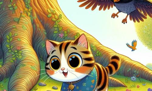 Um pequeno gato chamado Miau, com um pelo macio e listrado de cores vivas, expressa grande curiosidade e excitação, seus olhos brilhantes examinando o chão em busca de uma pedra mágica. Ao seu lado, a sábia corvo Sabiá, com grandes penas marrons e olhos redondos, voa levemente acima dele, observando atentamente os arredores, pronta para dar conselhos. Eles estão aos pés de um majestoso velho carvalho, cujos galhos se estendem como braços protetores, cercado por flores coloridas e um suave raio de sol filtrando através das folhas. A cena principal mostra Miau descobrindo a pedra da sabedoria escondida entre as raízes do carvalho, enquanto Sabiá voa alegremente, pronta para celebrar a descoberta juntos.