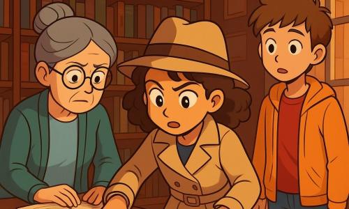 Uma jovem detetive, Aurora, de cerca de 10 anos, com cabelos castanhos cacheados e olhos brilhantes de curiosidade, está no centro da biblioteca. Ela usa um trench coat bege e um chapéu de detetive, com um rosto que expressa intensa concentração e leve excitação. Ao seu lado, uma bibliotecária idosa, Dona Letícia, de cerca de 60 anos, com óculos redondos e cabelo grisalho preso em um coque, observa com preocupação livros espalhados sobre uma mesa. Um garoto, Caio, de cerca de 12 anos, com cabelos castanhos e roupas coloridas, observa a cena com um olhar curioso, em pé perto de uma estante. A biblioteca é ampla, com paredes de madeira escura, estantes cheias de livros antigos e uma luz suave filtrando através de grandes janelas, criando uma atmosfera misteriosa. Aurora examina pedaços de papel espalhados na mesa, procurando pistas sobre uma carta desaparecida, enquanto Dona Letícia parece ansiosa, e Caio, intrigado, se inclina para ver melhor.