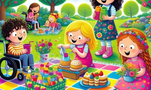 In a sunny park, four children gather around a large, colorful blanket spread out on the green grass. Charlie, a six-year-old boy with curly hair and a striped shirt, is standing and making sandwiches. Emma, a six-year-old girl in shiny shoes and a floral dress, is pouring juice into colorful cups with a big smile. Sam, a six-year-old boy in a wheelchair, sits on the blanket holding a plate of cookies while laughing with his friends. Lily, a six-year-old girl with a multicolored backpack and braided hair, is arranging a bouquet of wildflowers she picked, proudly showing them to her mom. The park is filled with colorful flowers, majestic trees, and a bright blue sky, creating a joyful and festive atmosphere. The children are preparing a surprise for Mother's Day, eager to unveil their special picnic to their moms, who arrive with delighted smiles.