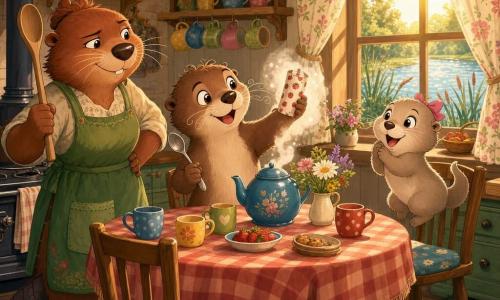 Pip, a young anthropomorphic otter, joyful with slightly curled whiskers, light brown fur and cream belly, holds a spoon and pulls a small strawberry-patterned paper scroll from the steam of a blue teapot; Nola, an adult beaver friend with reddish fur and a visible flat tail, stands left by the stove holding a large wooden spoon, stern but kind; Miri, the tiny bubbly otter sister with paler fur and wide eyes, jumps impatiently on a chair to the right; the warm rustic kitchen has a round wooden table with a red checkered cloth, colorful cups on shelves, a floral curtain, an open window showing a silver river and reeds, and bunting overhead; the scene captures a birthday-morning moment as a surprise message floats in the teapot steam, bathed in golden light, centered on the characters, in a bright, simple, childlike vector style with a joyful gentle mood.