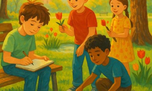 Four children in an urban spring park in golden morning light: a boy (~11) with messy brown hair in a light green t‑shirt and jeans sits on a worn wooden bench drawing crocuses in a notebook; another boy (~10) with short blond hair and a red cap stands smiling, holding a tulip petal; a boy (~11) with tan skin and curly black hair sits on the ground collecting litter into a small bag; a girl (~8) with chestnut braids in a yellow floral dress stands by a young oak, clapping and holding a small gardening trowel; green lawn dotted with purple crocuses and red and yellow tulips, a small pond with reeds behind, a light gravel path and blurred buildings in the background — a calm, colorful scene of spring, curiosity and caring for the park.