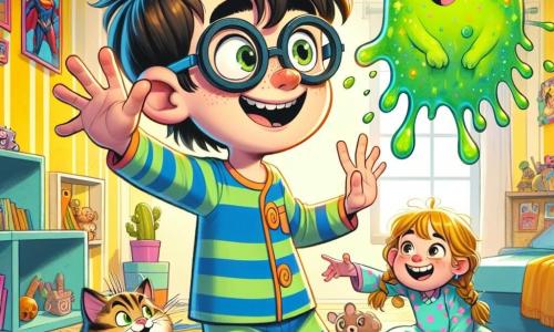 Een jonge jongen genaamd Bram, ongeveer 8 jaar oud, met rommelig bruin haar en ronde bril, staat in het midden van de kamer. Hij heeft een grote, vrolijke glimlach en sprankelende ogen van opwinding. Hij draagt een gestreepte pyjama in blauw en groen, en steekt zijn armen in de lucht om een klein, glanzend groen snotje te controleren dat om hem heen zweeft. Naast hem kijkt zijn kleine zusje, een 6-jarig meisje met gevlochten blond haar en een roze jurk met stippen, met grote ogen van verbazing en plezier. Ze zit op de grond, omringd door speelgoed, en steekt haar hand uit naar het snot, alsof ze het wil vangen. Hun kat, een grote gestreepte kat met groene ogen, zit op de bank met zijn poten in de lucht en speelt met het snot dat door de lucht danst. De scène speelt zich af in een kleurrijke kinderkamer met gele muren, superheldenposters aan de muur en speelgoed verspreid over de vloer. Bram probeert zijn magische snot te beheersen dat vrolijk om hem heen draait, wat een sfeer van vreugde en komische chaos creëert.
