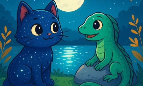 A cat with fur as shiny as the starry sky, with sparkling curious eyes, sits by a shimmering pond. It has a dreamy and amazed expression, its delicate paws grazing the soft grass. Next to it, a newt with emerald green scales, a wavy tail, and deep ocean-like eyes smiles at the cat. They are both on a smooth stone, surrounded by colorful flowers and golden leaves fallen from the trees. The place is bathed in the soft light of the moon, reflecting on the water and creating a magical scene. The main situation shows the cat and the newt sharing stories under the moonlight, a moment of connection and friendship in an enchanting setting.