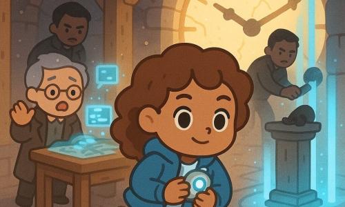 A 12-year-old girl with sparkling wide eyes, curly chestnut hair, a determined smile, blue jacket and white sneakers clutches a small silver glowing device (the timekeeper) to her chest while protecting an ancient parchment on a pedestal and running toward a barn in the background; behind her stands the kindly serious Professor Thaddeus, about 60, gray hair and dark coat, by a large wooden table strewn with maps and holograms, while a menacing 30-year-old member of the enemy faction in dark clothing advances toward an old document on another pedestal; the scene is inside an old stone clock tower with large wooden beams, a broken luminous clock face, drifting dust, warm light mixed with blue portal beams, dynamic composition, pastel-contrasting colors (electric blue, warm brown, gold), soft shadows and clean rounded lines.