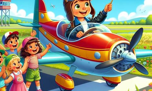 Ein etwa 10-jähriger Junge namens Tom sitzt im Cockpit eines kleinen rot-gelben Flugzeugs namens Lulu. Er trägt eine große Pilotenmütze und eine blaue Jacke, sein Gesicht strahlt Freude und Aufregung aus, während er durch das Cockpitfenster schaut, bereit zum Abheben. Draußen steht eine Gruppe von fünf Kindern im Alter von 6 bis 10 Jahren auf der Landebahn. Sie lächeln alle und schwenken bunte Fahnen. Ein Mädchen mit lockigem Haar und einem rosa Kleid schreit vor Freude und hebt die Arme. Ein anderer Junge mit einer grünen Mütze und einem blauen T-Shirt zeigt fasziniert auf das Flugzeug. Der Ort ist ein schöner, sonniger Flugplatz, umgeben von grünen Feldern und bunten Blumen. Der Himmel ist strahlend blau mit einigen flauschigen weißen Wolken, und das Flugzeug ist bereit, auf der Betonpiste abzuheben. Die Hauptsituation zeigt Tom, den jungen Piloten, der sich auf seinen ersten Flug vorbereitet, während die Kinder ihn anfeuern und mit leuchtenden Augen voller Aufregung beobachten.