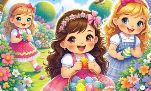 En el centro de la imagen, Ana, una niña de tres años con largos cabellos castaños y ojos brillantes, sostiene una canasta roja llena de huevos de colores. A su derecha, Sofía, otra niña de tres años con cabello rubio y un vestido rosa, sonríe sosteniendo un huevo amarillo en sus manos. A la izquierda, Carla, una niña de tres años con cabello castaño y un vestido azul, se agacha para recoger un huevo verde escondido bajo una flor. El escenario es un jardín soleado, lleno de flores coloridas, árboles verdes y un césped bien cuidado. Los pájaros cantan alegremente en las ramas de los árboles, y hay huevos de Pascua multicolores esparcidos por la hierba. La escena principal muestra a las tres amigas en plena búsqueda de huevos de Pascua, riendo y divirtiéndose, con expresiones de alegría en sus rostros al descubrir huevos escondidos en los rincones del jardín.