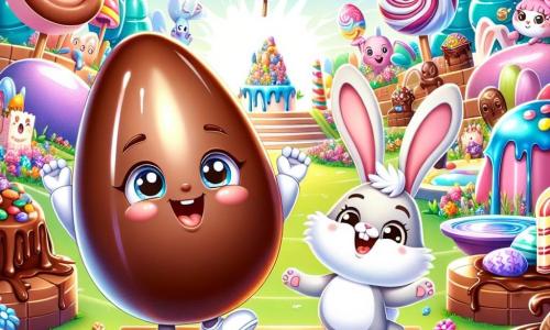 Huevoito, un pequeño huevo de chocolate con una cáscara brillante y una gran sonrisa, está de pie en un banco en un parque colorido, con los brazos levantados en señal de victoria, irradiando alegría y emoción. A su lado, Conejito, un adorable conejito de pelaje blanco y grandes orejas, salta de alegría, con los ojos brillantes de entusiasmo, sosteniendo un huevo de Pascua en sus patas. El parque está lleno de flores multicolores, fuentes de chocolate y grandes árboles de caramelos, creando una atmósfera mágica y festiva. En el fondo, amigos en forma de caramelos y pasteles se divierten buscando huevos escondidos en los arbustos. La escena muestra a Huevoito y Conejito celebrando el final de la gran búsqueda de huevos, rodeados de un ambiente alegre y colorido, con risas y destellos de luz.