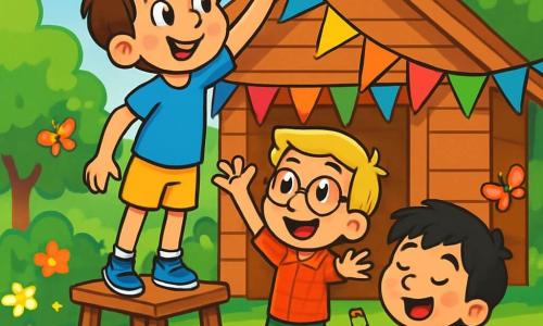 Há 3 personagens: Tomás: um menino de 7 anos, com cabelo castanho bagunçado e olhos brilhantes. Ele usa uma camiseta azul e um short amarelo, está em um pequeno banco, estendendo o braço para pendurar uma faixa de guirlanda colorida. Lucas: um menino de 8 anos, com cabelo loiro e óculos redondos. Ele veste uma camisa xadrez vermelha e uma calça verde, está embaixo do banco, levantando os braços para cima com um grande sorriso, incentivando Tomás. Miguel: um menino de 7 anos, com cabelo negro e sardas. Ele usa uma camiseta laranja e um short azul, está sentado na grama, cantando alegremente, batendo as mãos no ritmo. A cena se passa em um jardim ensolarado, cheio de flores coloridas e árvores verdes. Ao fundo, uma cabana de madeira decorada com guirlandas de papel multicoloridas flutua suavemente ao vento. A grama é verde vibrante e borboletas voam ao redor das crianças. Tomás, um pouco nervoso mas determinado, está pendurando a última faixa de guirlanda, enquanto Lucas o incentiva entusiasticamente e Miguel canta uma melodia alegre, criando uma atmosfera festiva e amigável.