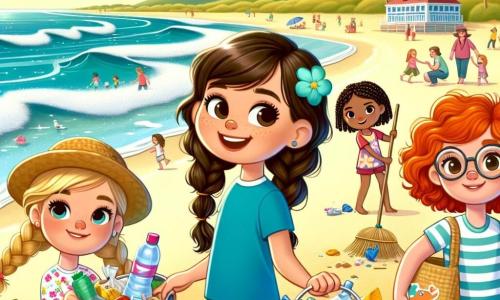 Quatro meninas de 10 anos estão em uma praia ensolarada, cercadas por areia dourada e ondas cintilantes. Lara, com cabelos castanhos ondulados e uma camiseta azul, sorri segurando um balde cheio de lixo plástico. À sua direita, Sofia, com cabelos loiros trançados e um vestido florido, mostra um cartaz colorido que diz 