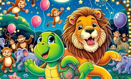 O broască țestoasă numită Titi, cu un carapace verde decorată cu motive colorate, zâmbește cu ochii strălucitori de curiozitate, fuguind vesel printr-un parc zoologic luminat de lună. Alături de ea, un leu măreț numit Leo, cu o coamă aurie strălucitoare, dansează cu entuziasm, picioarele sale puternice mișcându-se grațios pe iarba moale. În fundal, un grup de maimuțe jucăușe se distrează lăsând să zboare baloane roz, în timp ce un gorilă observă scena cu un zâmbet amuzat, așezat pe o ramură de copac. Parcul este plin de culori vii, cu copaci luxurianți, lumini strălucitoare și animale vesele, creând o atmosferă festivă și magică. Principala situație arată pe Titi și Leo dansând împreună sub stele, înconjurați de prietenii lor animale, sărbătorind o noapte de aventură și râsete.