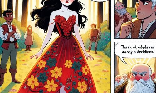 Branca de Neve, uma jovem de pele de porcelana e cabelos negros como ébano, está no centro da clareira, com um olhar determinado. Ela veste um vestido vermelho vibrante, adornado com padrões florais, e seus olhos brilham com esperança. À sua direita, Joyeux, um dos sete anões, um homem pequeno com um sorriso contagiante e barba branca, a observa com admiração, enquanto à sua esquerda, Grincheux, um anão de expressão carrancuda, cruza os braços, parecendo cético. A cena acontece em uma clareira ensolarada, cercada por árvores majestosas e flores coloridas que dançam com a brisa. Branca de Neve, corajosa, sugere que todos tenham voz nas decisões, desafiando tradições antigas, enquanto os anões a escutam, intrigados e perplexos.