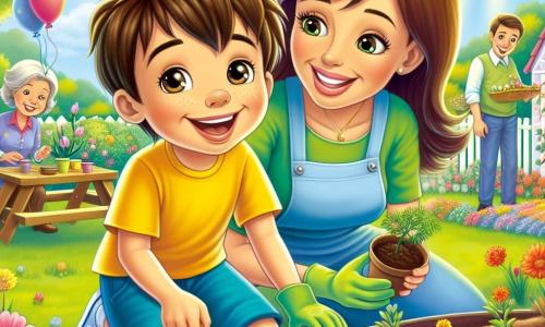 Een 8-jarig jongetje, genaamd Luca, met rommelig bruin haar en sprankelende ogen van blijdschap, is bezig met het planten van bloemenzaadjes in een zonnige tuin. Hij draagt een felgele t-shirt en een blauwe short, en hij glimlacht breed, wat zijn enthousiasme voor de lente laat zien. Naast hem helpt zijn moeder, een vrouw van in de dertig met lang kastanjebruin haar en een warme glimlach, door een zak met zaadjes vast te houden. Ze knielt naast hem, gekleed in een groene tuinjas en tuinhandschoenen. Op de achtergrond staat de familie Jansen, bestaande uit een man van in de veertig en een vrouw van in de dertig, dicht bij een picknicktafel versierd met kleurrijke ballonnen, terwijl ze een barbecue voorbereiden om de lente te vieren. De tuin is gevuld met kleurrijke bloemen, weelderig groen en een stralende blauwe lucht, wat een vrolijke en gastvrije sfeer creëert. De belangrijkste situatie toont Luca en zijn moeder die zaadjes zaaien, wat de komst van de lente en de vreugde van het delen van momenten met familie symboliseert.