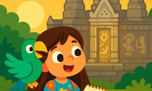 Hay 2 personajes principales: Sofía, una niña de 8 años con largos cabellos castaños y ojos brillantes, que lleva un vestido colorido con motivos de flores y sostiene un pequeño cuaderno en sus manos, lista para dibujar; y Leo, un loro hablante de plumas vibrantes verdes y azules, posado en el hombro de Sofía, con una mirada traviesa y muy entusiasta. La escena principal transcurre en el majestuoso templo de Angkor Wat, con grandes piedras grises adornadas con esculturas detalladas. El sol se pone en el horizonte, proyectando sombras doradas sobre las paredes del templo, rodeado de árboles exuberantes y flores coloridas que añaden un toque de magia. Sofía y Leo están sentados frente al templo, maravillados por la luz dorada del atardecer, mientras las piedras brillan suavemente y antiguos patrones parecen cobrar vida, contando historias misteriosas. Sofía escucha atentamente, con los ojos muy abiertos, mientras Leo le explica la leyenda del templo.