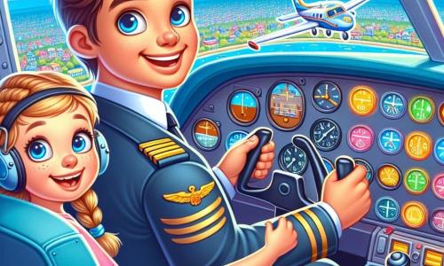 Un uomo, Luca, è nel cockpit di un piccolo aereo, con un ampio sorriso di orgoglio ed eccitazione. Indossa una divisa da pilota blu con spalline dorate, i capelli castani leggermente scompigliati dal vento. I suoi occhi brillano di entusiasmo mentre regola i comandi dell'aereo. Accanto a lui, una bambina di circa 8 anni, con capelli biondi e trecce, guarda fuori dal finestrino con occhi sgranati di curiosità. Indossa una maglietta rosa e un pantaloncino di jeans, tenendosi saldamente al sedile, meravigliata dalla vista. Il cockpit è pieno di luci lampeggianti e strumenti colorati, con un cruscotto in legno lucido. All'esterno, il cielo è di un blu splendente punteggiato da nuvole bianche e morbide, e sotto si intravede una città in miniatura con case colorate. La scena principale mostra Luca mentre decolla, l'aereo si solleva dolcemente nell'aria, mentre la bambina si meraviglia della vista incredibile che le si presenta, realizzando il suo sogno di volare.