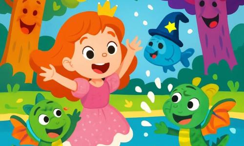 La principessa Fiammetta, una ragazza di circa 8 anni, ha capelli rossi vivaci che brillano al sole. Indossa un vestito rosa di zucchero filato, decorato con glitter scintillanti, e il suo viso è illuminato da un grande sorriso gioioso. Si trova sulla riva del Lago Gorgoglione, con le braccia alzate, pronta a catturare un pesce-puffo con un cappello magico. Accanto a lei, Pippo, un piccolo draghetto di 5 anni, ha squame verdi e ali colorate simili a farfalle. Salta di gioia, con gli occhi spalancati dall'eccitazione, cercando di afferrare il pesce-puffo con le sue piccole zampe. Il luogo è un lago magico circondato da alberi dai tronchi multicolori che ridono e cantano. L'acqua è di un blu brillante, coperta di panna montata, e ranocchiette canterine dai colori vivaci saltano intorno, indossando grandi occhiali. La scena principale mostra Fiammetta e Pippo che ridono, circondati da ranocchiette, mentre cercano di catturare il pesce-puffo che scappa spruzzando panna ovunque, creando un'atmosfera gioiosa e giocosa.