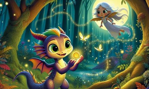 Fiammetta, un giovane drago dalle squame scintillanti come un arcobaleno, si trova al centro della scena, con occhi brillanti di curiosità e un leggero sorriso sul volto. Sta scoprendo un amuleto misterioso che emette una dolce luce dorata in una foresta incantata. Alla sua destra, uno spirito della foresta, una creatura eterea con capelli fluttuanti come foglie d'autunno, osserva Fiammetta con uno sguardo benevolo e un sorriso dolce, circondata da luccichii come lucciole che danzano intorno a lei. Il decor è una foresta densa con grandi alberi dai tronchi nodosi e foglie di un verde brillante, illuminata da una luna splendente che filtra attraverso i rami. Ombre danzano sul suolo, creando un'atmosfera magica e leggermente misteriosa. La scena principale mostra Fiammetta che tiene l'amuleto tra le zampe, meravigliata, mentre lo spirito della foresta le sussurra antichi segreti, rivelando il potere dell'amuleto e la missione che l'attende.