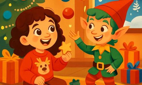 Uma menina de 8 anos, Laura, com cabelos cacheados castanhos e olhos brilhantes de curiosidade, está sentada no chão, cercada por decorações de Natal cintilantes. Ela usa um suéter vermelho com um padrão de rena e calças de veludo. Seu rosto irradia excitação e alegria enquanto segura um biscoito em forma de estrela, olhando com admiração para um duende travesso. O duende, um homem pequeno com cabelos verdes e pele levemente dourada, usa um chapéu vermelho pontudo e um traje colorido, fazendo bolas de Natal dançarem ao seu redor. Ele tem um sorriso travesso e seus olhos brilham de malícia. A cena ocorre em uma sala acolhedora, decorada com uma grande árvore de Natal iluminada, guirlandas cintilantes e presentes coloridos empilhados sob a árvore. Flocos de neve caem suavemente do lado de fora através de uma janela, adicionando um toque mágico ao ambiente. Laura e o duende estão preparando biscoitos de Natal, enquanto risadas e luzes cintilantes preenchem o ar, criando uma atmosfera festiva e alegre.
