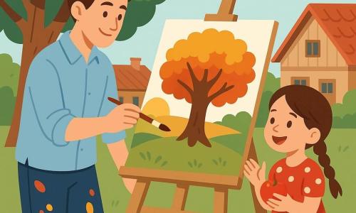A young man (about 25), Leo, smiling and focused with short brown hair and rolled-up sleeves and paint‑splattered pants, holds a brush painting on an easel in front of a large leafy tree at sunset; an 8-year-old girl, Mia, joyful with braided hair in a red polka-dot dress, stands to his right holding an apple and applauding; a grassy village square with wooden tile-roof houses and a clear sky with light clouds; vibrant colors on the canvas, open paint pots and brushes nearby, soft luminous atmosphere.