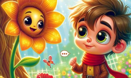 A 6-year-old boy named Leo, with big round eyes and messy brown hair, stands in the shade of a majestic tree. His face shows sparkling curiosity, and he wears a small red scarf that gently flutters in the wind. Next to him, a talking flower with golden petals and a warm smile asks him a question. The flower is child-sized and leans slightly towards Leo, encouraging him to explore. In the background, the garden sparkles in the sun, with bright colors and butterflies dancing around the flowers. Leo, with a look of wonder, reaches out to the flower, ready to discover the secret it holds.