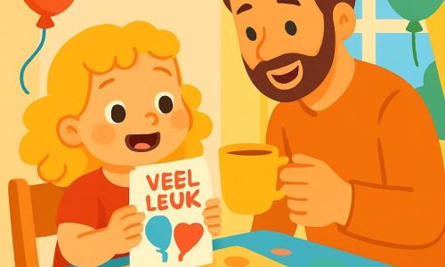 Een 4-jarig meisje met krullend, goudkleurig haar, die glimlacht en vol vreugde is, zit aan een tafel bedekt met een mooi, gekleurd tafelkleed. Ze houdt een verjaardagskaart vast versierd met ballonnen en harten, haar ogen stralend van opwinding. Naast haar staat haar vader, een man van in de dertig met bruin haar en een zachte baard, die glimlacht terwijl hij haar een kop thee aanbiedt. Hij leunt iets naar haar toe met een zorgzame blik. De ruimte is licht, versierd met kleurrijke slingers en zwevende ballonnen, met een groot raam dat zonlicht binnenlaat. Op de tafel liggen knutselspullen verspreid: stiften, scharen en glinsterende glitter. De hoofdsetting toont het meisje dat een verjaardagskaart voor haar grootmoeder maakt, omringd door een feestelijke en warme sfeer, vol gelach en creativiteit.
